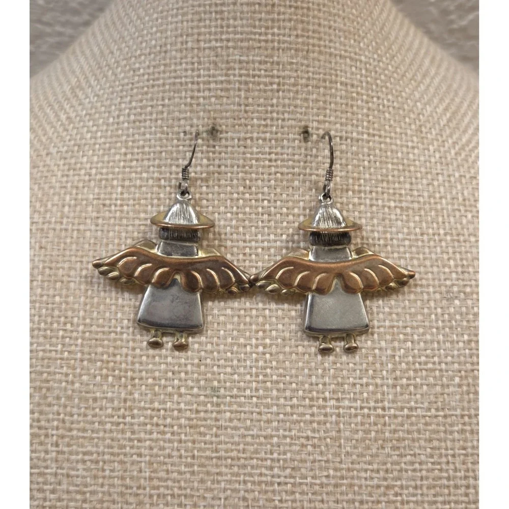 Large Vintage Sterling Silver Mixed Metals Angel Dangle‎ Earrings 925